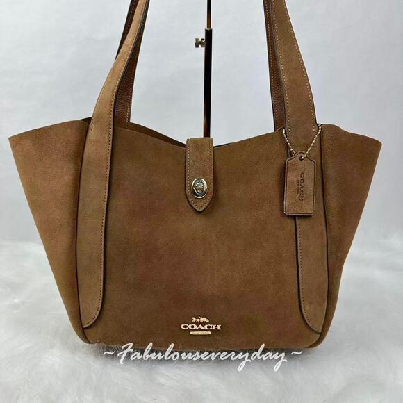 Coach Hadley Turnlock Tote Bag In Suede & Leather Gold/Sienna Brown CCC76 NWT - Picture 2 of 10